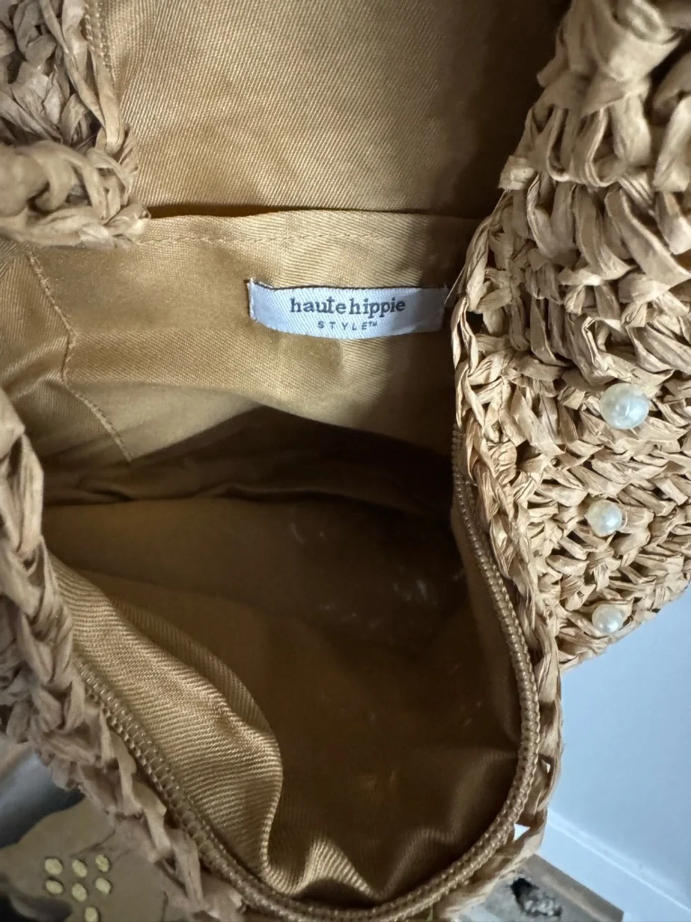 Haute Hippie Tan Woven Pearl-Embellished Hobo Bag